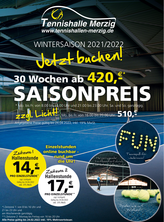 Angebot Tennishalle Wintersaison